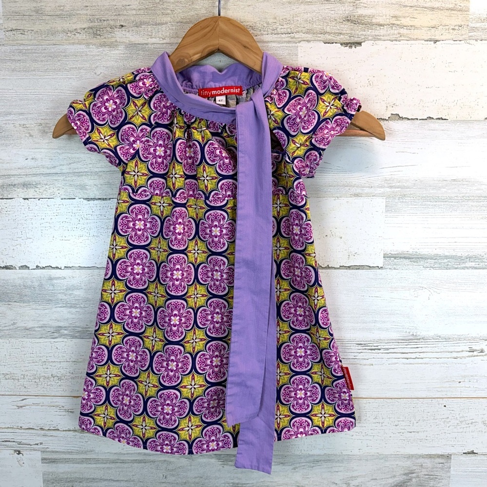 Tiny Modernist Purple Floral Bow Dress 4T Cottagecore Whimsical Boho Boutique - Picture 2 of 12